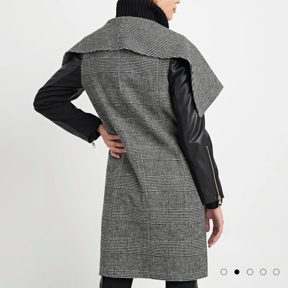 NEW KARL LAGERFELD PLAID WOOL DRAPE COLLAR FAUX LEATHER SLEEVE COAT SIZE:SMALL - Picture 2 of 16